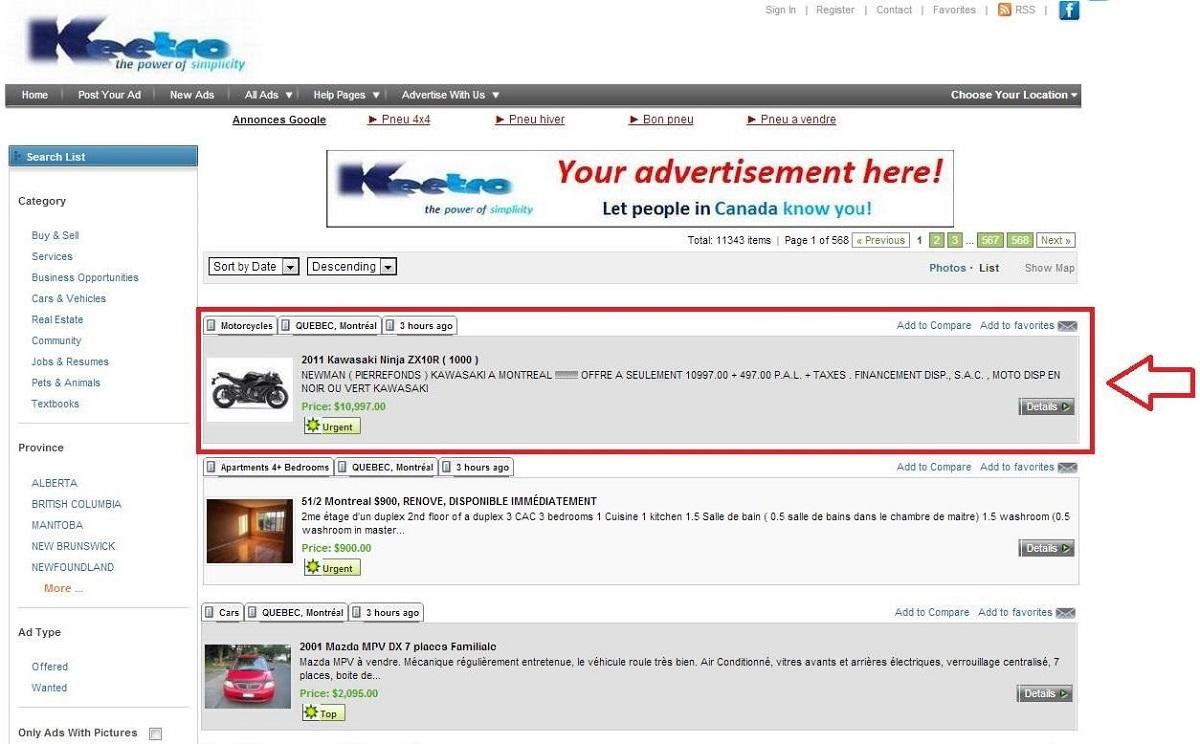 Example of an Urgent Priority Ad on Keetro Classifieds